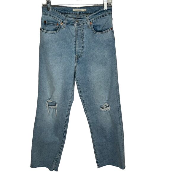 Levi's Rib Cage Jeans Size 28 Light Wash Ripped Raw Hem Ankle High Waist - Picture 1 of 8